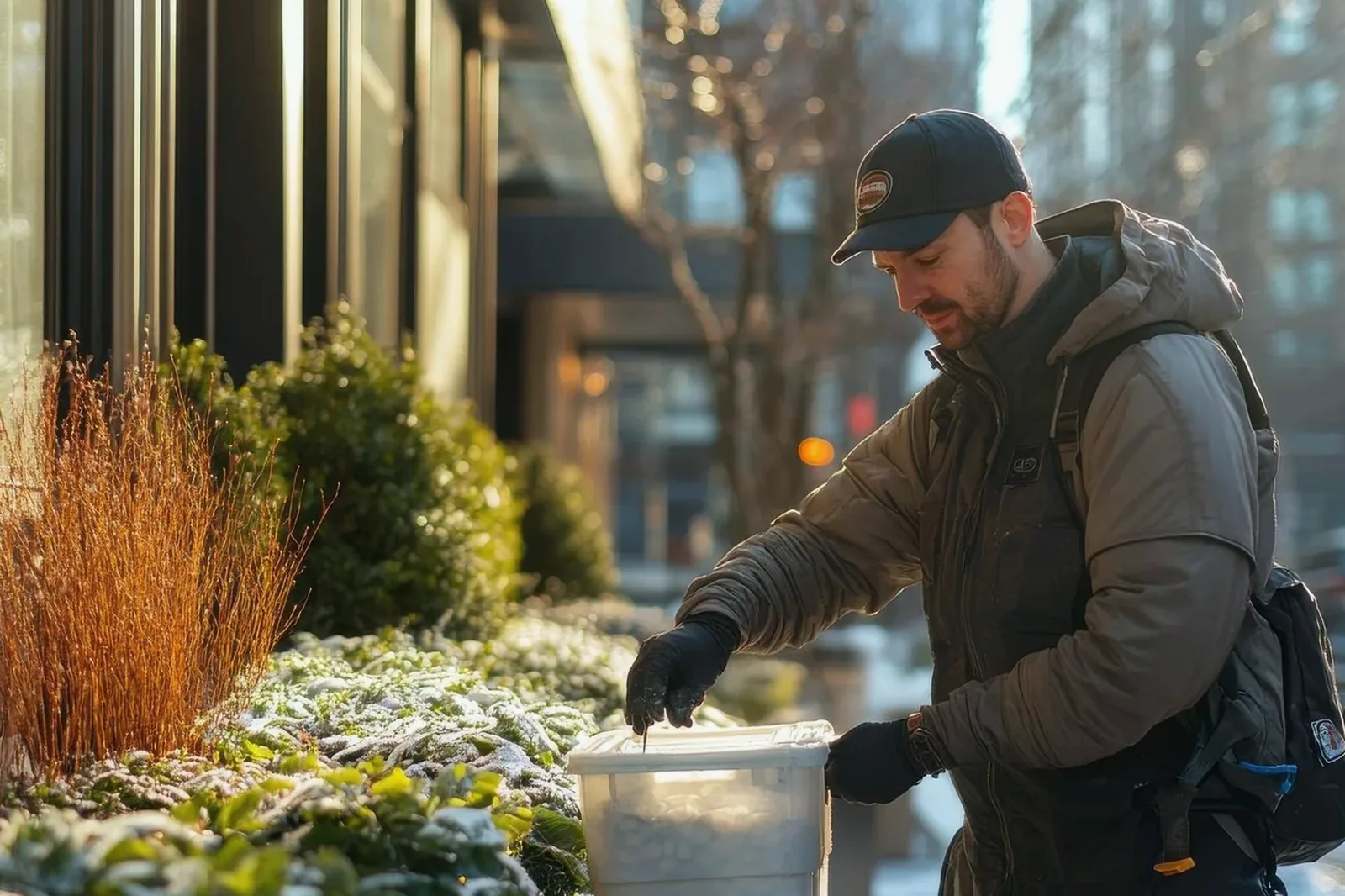 A worker in a cap carrying a supply tub past a building entrance