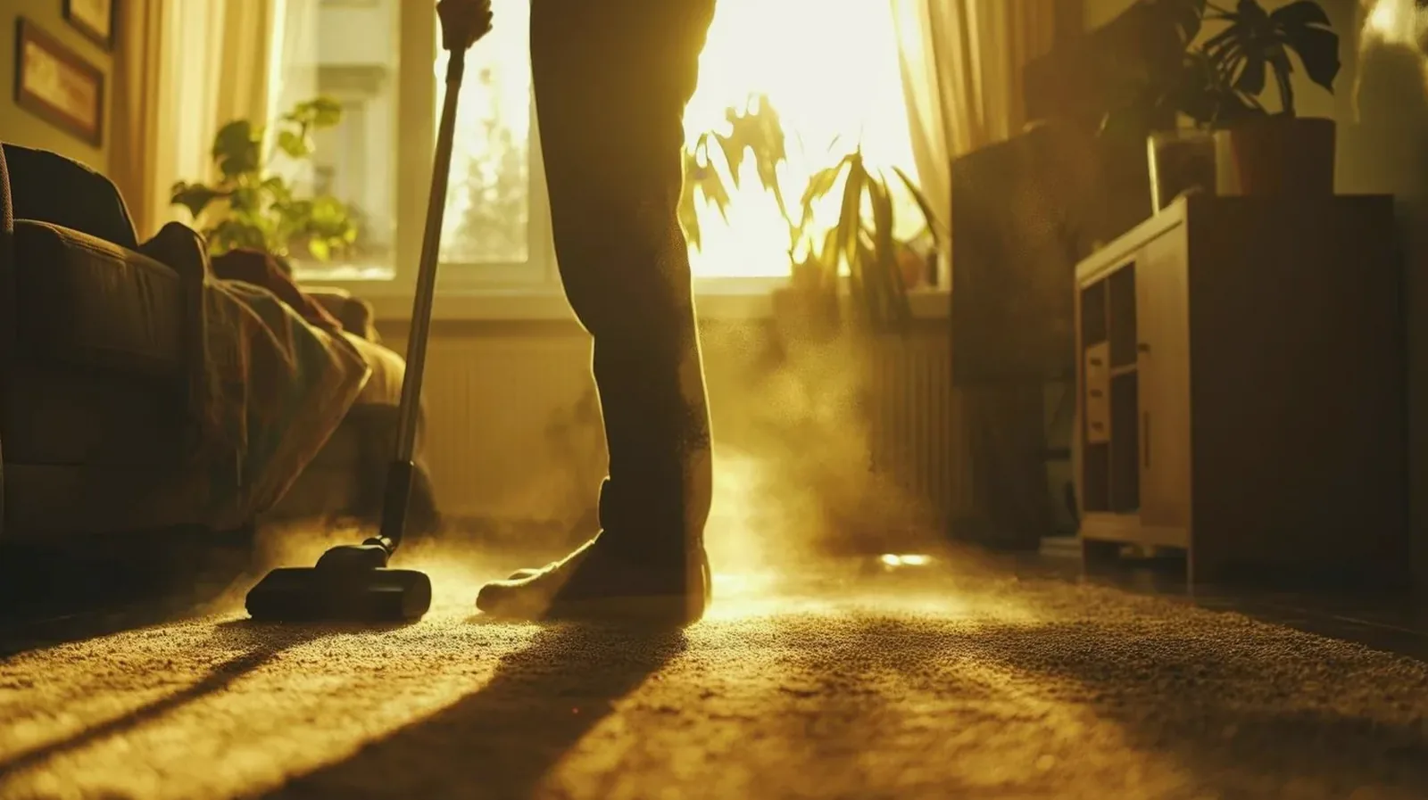 A vacuum being run across a carpet in low evening light