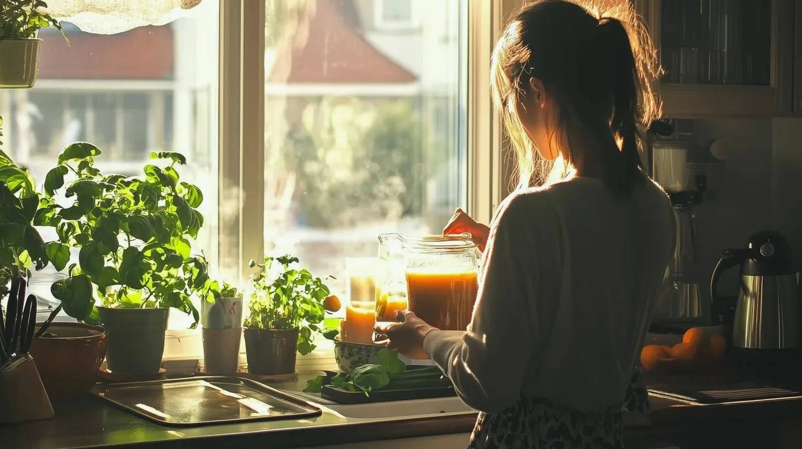 A woman at a sunlit kitchen window after a clean
