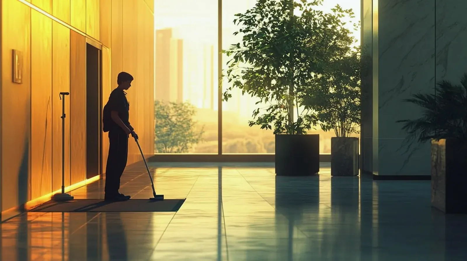 A cleaner mopping a polished hallway floor at sunset
