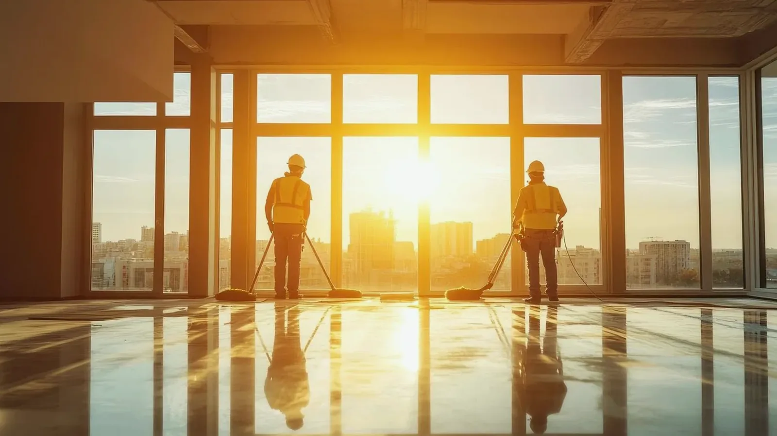 Two cleaners working across an empty glass-walled floor at sunset