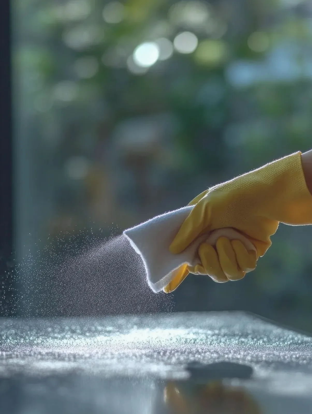 A gloved hand wiping a surface with spray