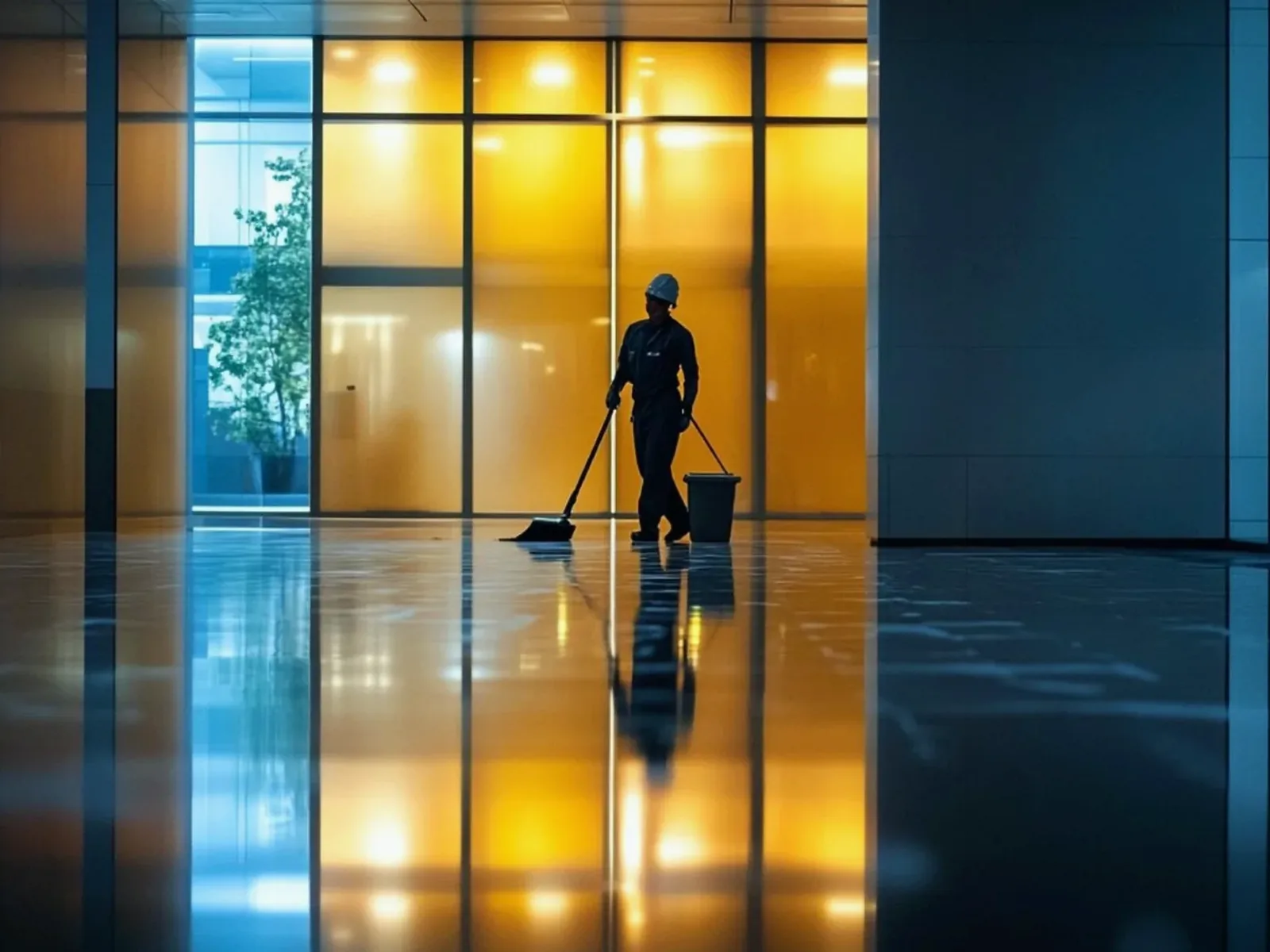 A cleaner mopping a reflective lobby floor lit in amber