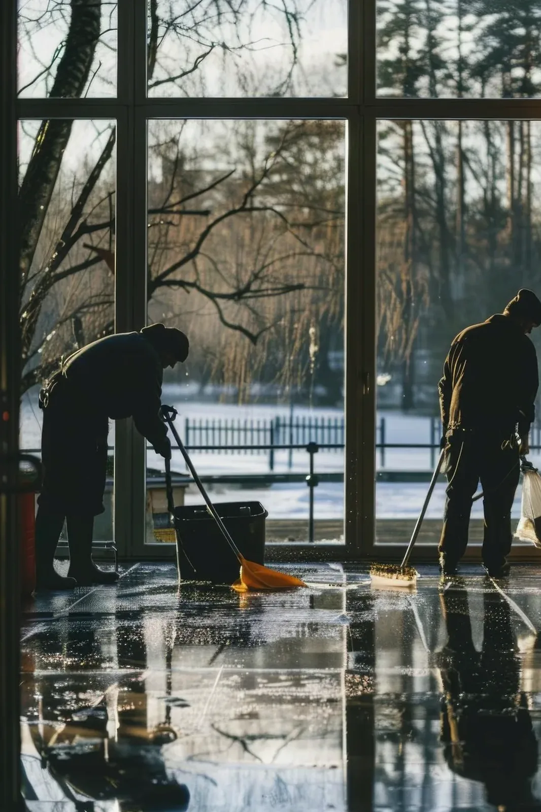 Two cleaners mopping a large room with tall windows