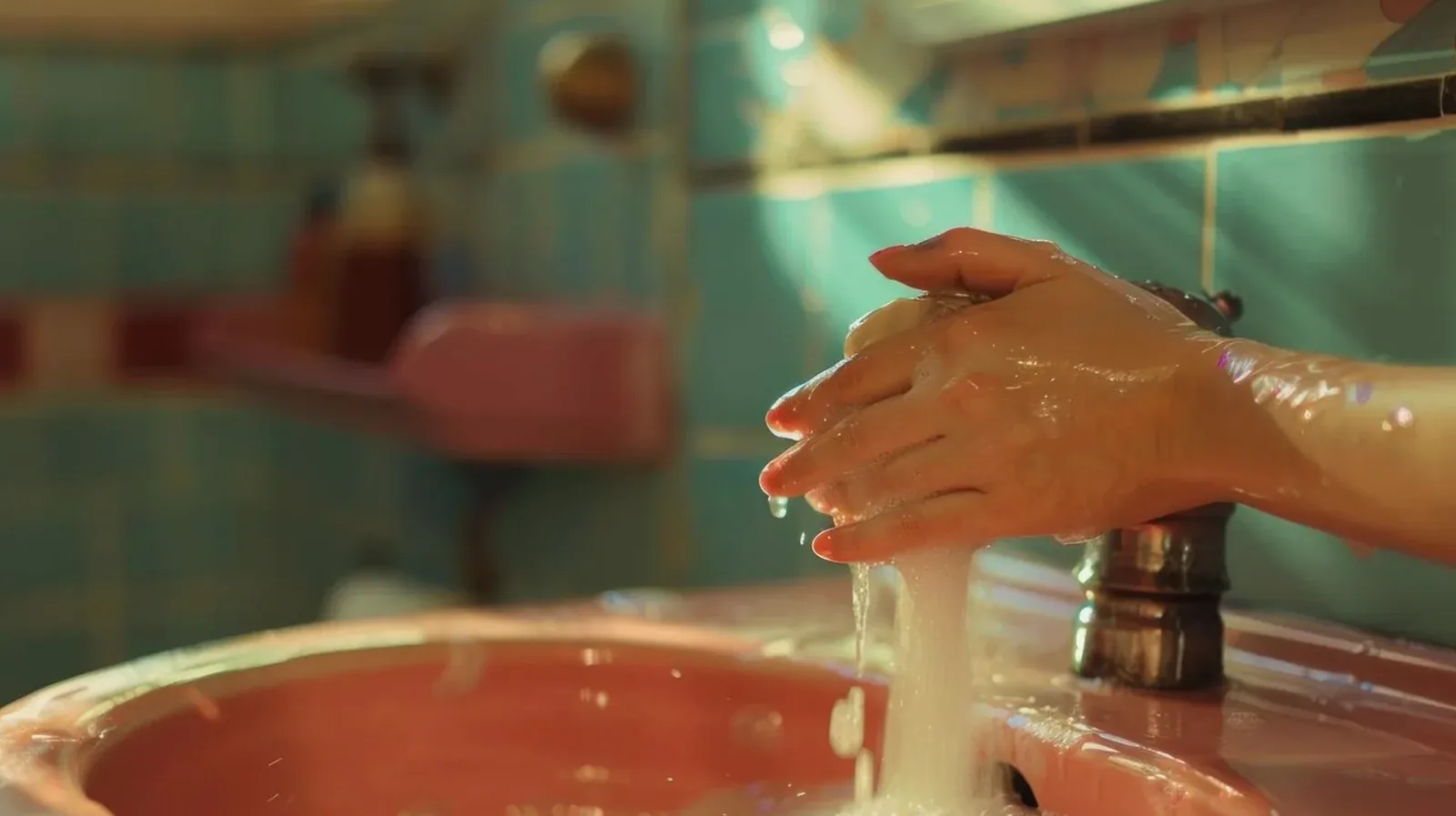 Hands being washed under a tap over a sink