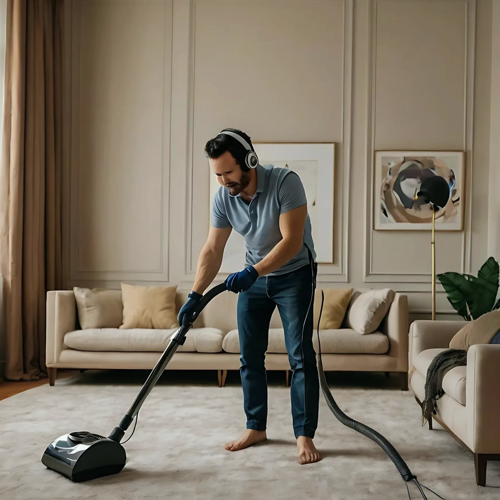 A man vacuuming a rug in a finished living room