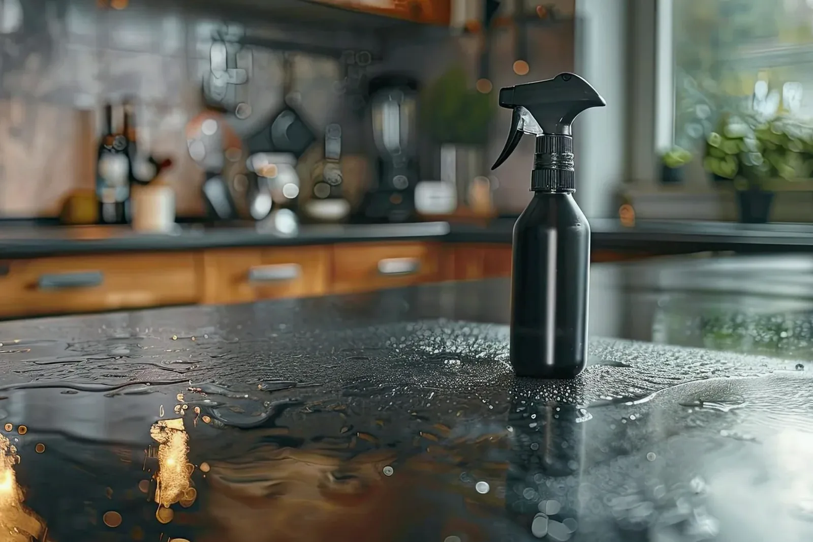 A spray bottle standing on a freshly wiped kitchen counter